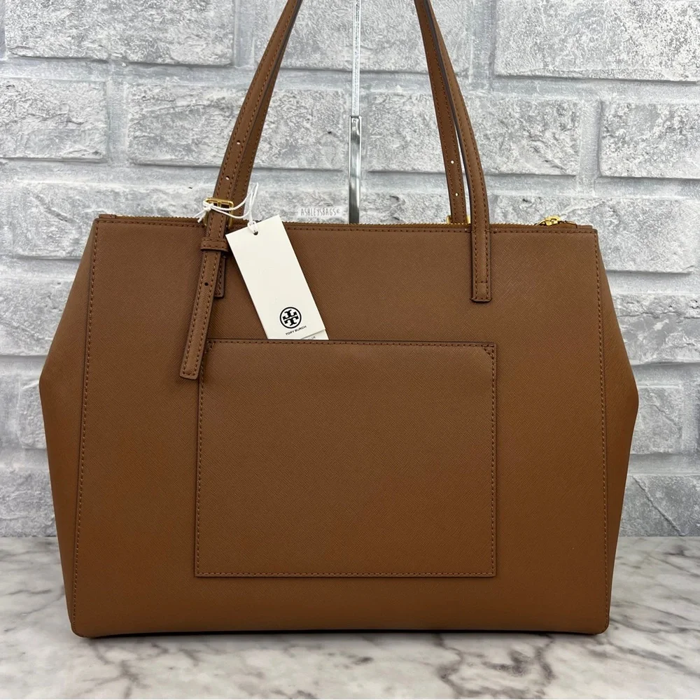 Tory Burch Emerson Large Double Zip Tote & Emerson Slim Wallet In Moose Brown - Picture 4 of 16